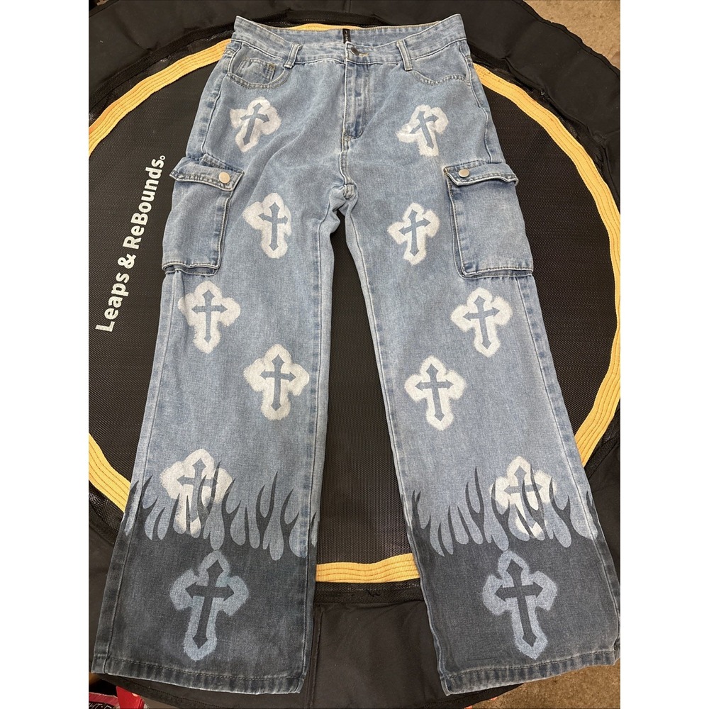 GILIPUR MH107 Y2K Baggy Cargo Jeans Mens/unisex L Cross Gothic Hip Hop Wide Leg